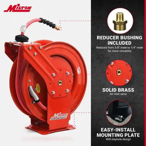 Vista 4 de MILTON Carrete de manguera de aire resistente con brazo doble de acero auto-retráctil, rojo - 2770-50D y 2760-3LH manguera líder de aire, manguera