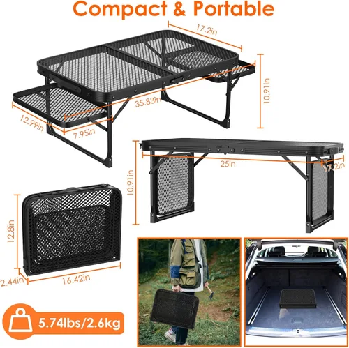 Vista 2 de KOCASO Mesa de parrilla, mesa de camping plegable con 2 paneles de alas, mesa de picnic portátil, mesa de metal con asa de transporte y soporte