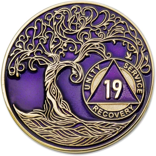 Vista 10 de 1 año Sobriety Mint Twisted Tree of Life Medallón de recuperación AA chapado en oro, chip/ficha - negro