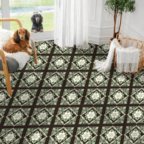 Vista 2 de IVN 10 azulejos de suelo de 12 x 12 pulgadas con patrón de crema botánica oscura para despegar y pegar, calcomanías de vinilo autoadhesivas