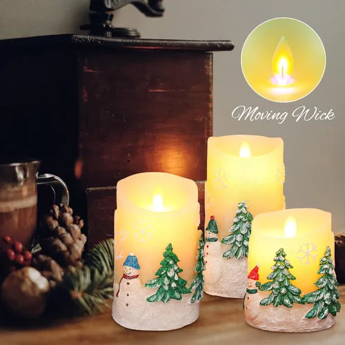 Vista 6 de Velas sin llama de muñeco de nieve de Navidad, velas LED parpadeantes con mecha móvil parpadeante con temporizador remoto, vela de pilar de cera