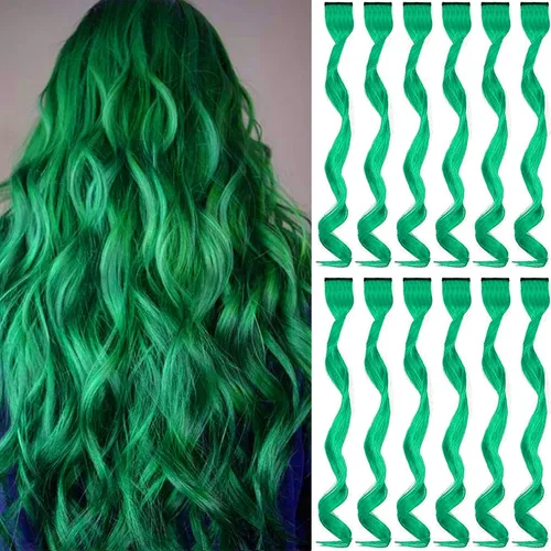 Vista 10 de GPOVVIMX 12 extensiones de cabello azul con clip, extensiones rizadas y onduladas de color para niños y niñas, extensiones sintéticas con reflejos