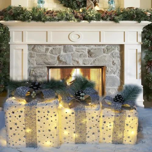 Vista 2 de Decoraciones de Navidad para interiores, juego de 3 cajas de regalo iluminadas de Navidad de felpa con 60 luces LED de Navidad para árbol de Plateado