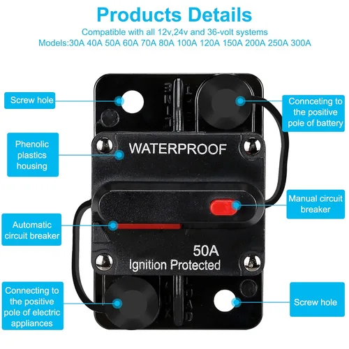 Vista 4 de Generic Disyuntor impermeable de 50 amperios, portafusibles, disyuntor de audio, con reinicio manual, 12V-48V CC, 30A-300A, para sistema de audio