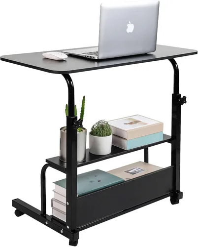 Vista 8 de Escritorio de computadora móvil de altura ajustable para mesa rodante de espacio pequeño con ruedas, escritorio de estudio portátil para Negro