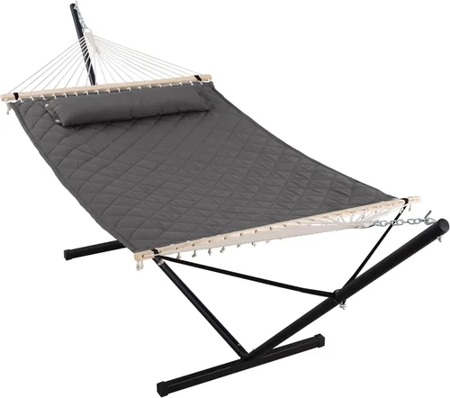 Vista 18 de ANOW Hamaca doble con combo de soporte de acero resistente de 12 pies, hamaca acolchada para 2 personas con soporte para exterior, capacidad
