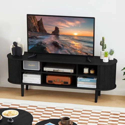 Vista 5 de Soporte de TV, mesa consola multimedia con puerta corredera y compartimento de almacenamiento, centro de entretenimiento moderno con almacenamiento