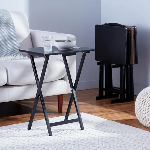 Vista 7 de Amazon Basics Cena portátil para TV, paquete de 4 unidades, mesa rectangular plegable con estante de almacenamiento, color negro, 15 x 19 x 26