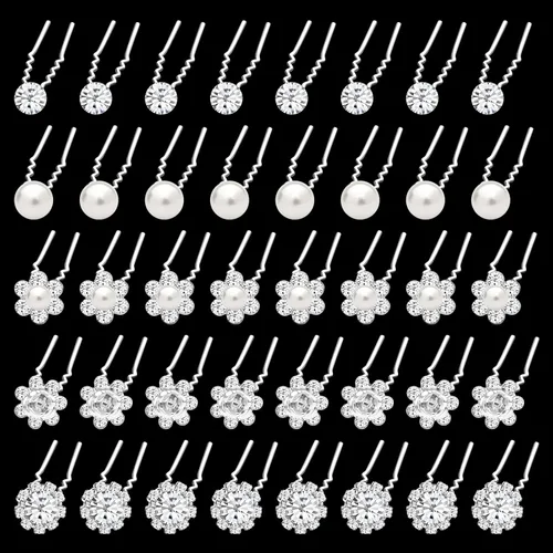Vista 2 de Paquete de 40 horquillas para el pelo de perlas de boda para novia, perlas plateadas con diamantes de imitación, accesorios para decoración