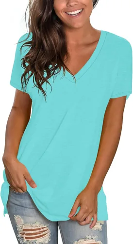 Vista 30 de Sipaya - Camiseta de mujer con cuello en V, básica, de ajuste suelto, manga corta, estilo casual