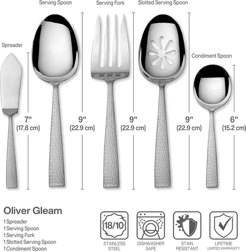 Vista 3 de Mikasa, Oliver Gleam - Juego de cubiertos para 12, 65 piezas, acero inoxidable 18/10, juego de cubiertos con utensilios para servir