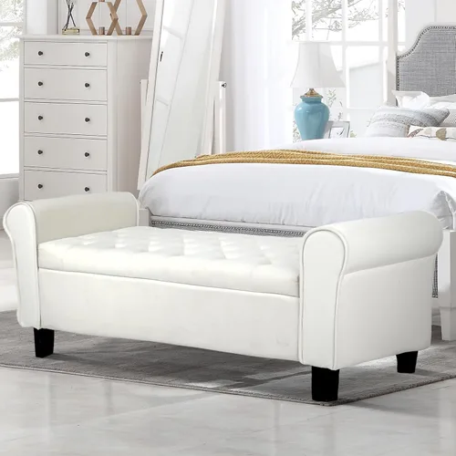 Vista 11 de Babion Banco otomano de almacenamiento con brazos, banco de extremo de cama para dormitorio, banco de almacenamiento con botones para entrada, sala