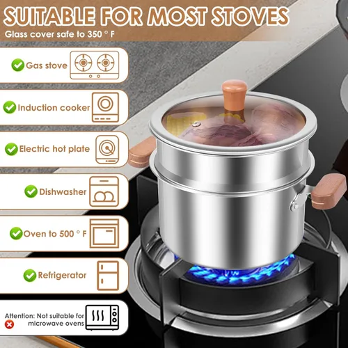 Vista 3 de Olla de vapor de acero inoxidable de 2 niveles con inserto de vapor y cesta de malla, olla pequeña de 2.64 cuartos de galón con cesta para estufa