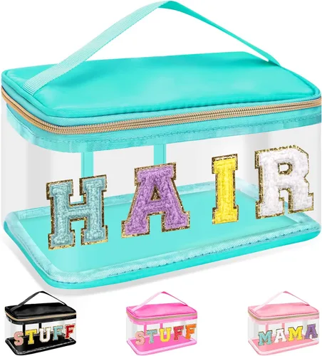 Vista 17 de izuzta Bolsas de maquillaje transparentes con letras de chenilla, bolsa de maquillaje de parche preppy con asa Rostro rosa y pelo-verde