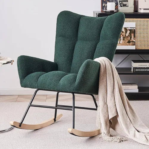 Vista 13 de Silla mecedora moderna para cuarto de bebé, silla deslizadora tapizada con respaldo alto, sillón de acento mecedor con patas de madera maciza