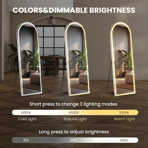 Vista 3 de Sweetcrispy Espejo Arqueado de Cuerpo Entero con Luces LED, Espejo de Piso Iluminado de 63"x21" con Atenuación e Iluminación de 3 Colores, Soporte