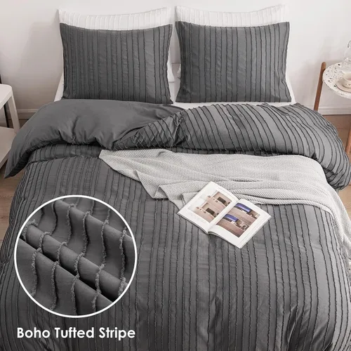 Vista 2 de WARMDERN Juego de funda de edredón gris estilo bohemio, ropa de cama con diseño capitoné texturizado a rayas, funda de edredón individual