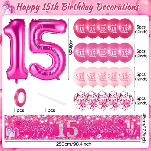 Vista 34 de Sweet 16 Pink Birthday Decorations - 20 Pcs Balloons, 40 Inch Number 16, Happy Sweet 16 Banner