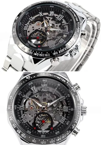 Vista 3 de Fanmis Reloj automático de acero inoxidable con esfera analógica de esqueleto ruso para hombre, Negro -, Classic
