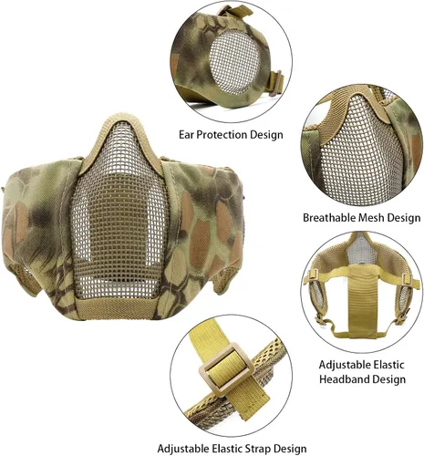 Vista 4 de Máscara de Airsoft con Gafas, Máscara de Malla Plegable de Media Cara con Protección para los Oídos para Paintball, Tiro, Cosplay, Juego CS