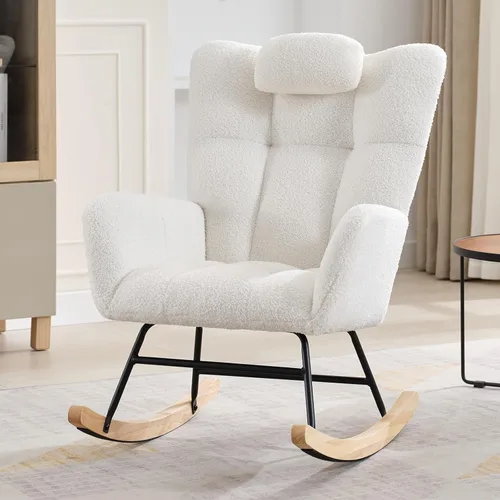 Vista 7 de Mecedora de peluche con almohada y respaldo alto, silla tapizada de tela, sillas de enfermería para sala de estar, dormitorio, beige