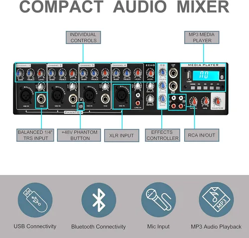 Vista 3 de PRORECK MX10 - Mezclador de sonido de 1600 W, Bluetooth, 6 canales, con parlantes pasivos de 10 pulgadas, sistema PA