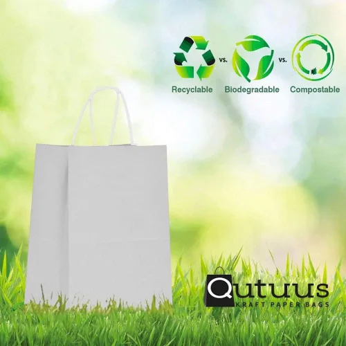Vista 24 de Qutuus Bolsas de regalo de estraza grandes con asas, 25 bolsas de regalo de 10 x 5 x 13 pulgadas, bolsas de papel kraft reutilizables para compras