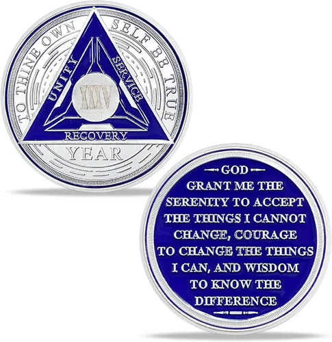 Vista 28 de Juego de monedas de sobriedad triangulares originales de 1 año Medallón AA de número romano plateado con cápsula protectora Ficha de aniversario