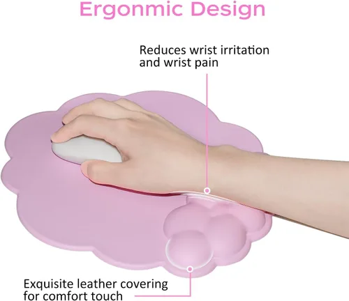 Vista 6 de JIKIOU Alfombrilla de mouse con soporte para muñeca con superficie de cuero, reposamuñecas Cloud con espuma viscoelástica, base de PU antideslizante