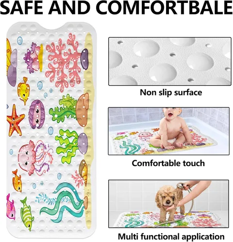 Vista 2 de LNOND Bath Mat for Tub for Kids, Cartoon Sea World Large Bathtub Mat, Kids Bath Mats for Bathroom Non Slip with Drain Holes and Suction Cups,Machine