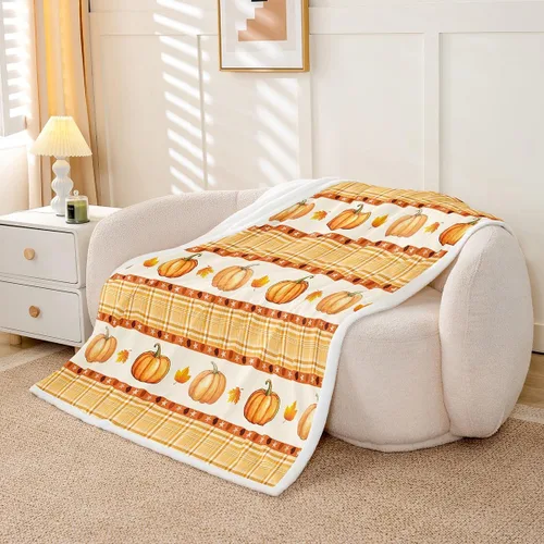 Vista 5 de Manfei Hello Fall Throw Blanket Pumpkin Maple Leaf Plaid Patchwork Fleece Blanket Autumn Theme Cozy Throws for Bed Couch Sofa,Kids Boys Girls Room