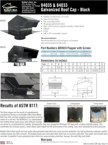 Vista 4 de Builder's Best 84033 Tapa de ventilación de techo de acero galvanizado con amortiguador y pantalla extraíble, cuello de 6 pulgadas de diámetro