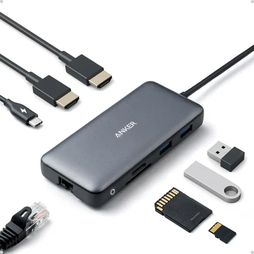 Vista 7 de Anker Hub USB C (7 en 1), con HDMI 4K, suministro de energía de 85 W, USB-C y 2 puertos de datos USB-A de 5 Gbps, lector de tarjetas microSD y SD