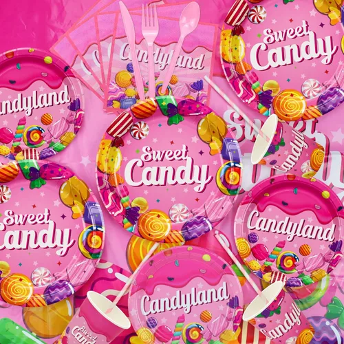 Vista 4 de Candyland - Decoraciones de fiesta de cumpleaños con temática de piruletas, incluyendo globos, pancarta, platos, manteles, vasos, servilletas