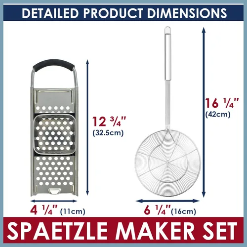 Vista 6 de Spaetzle Maker de acero inoxidable de alta calidad con mango de agarre cómodo, colador de araña de acero inoxidable, cuchara espumadora, colador