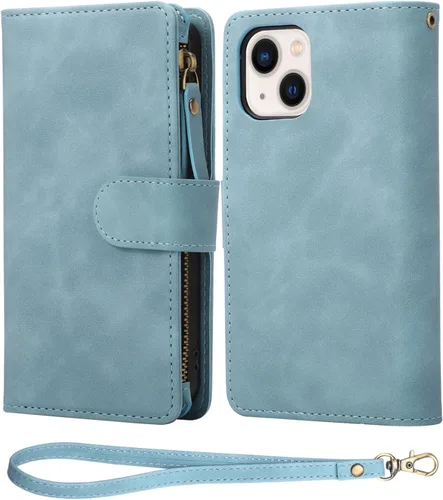 Vista 7 de RANYOK Funda tipo cartera compatible con iPhone 13 (6.1 pulgadas), piel sintética de alta calidad, con cremallera, cartera con cierre RFID