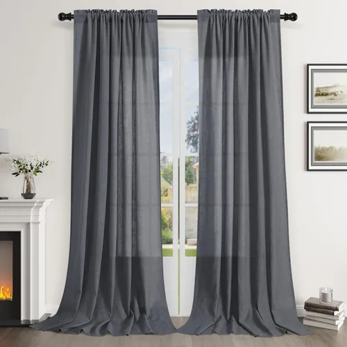 Vista 110 de Guken Cortinas de lino verde aguamarina de 84 pulgadas de largo, juego de 2 paneles semitransparentes con bolsillo para barra para comedor