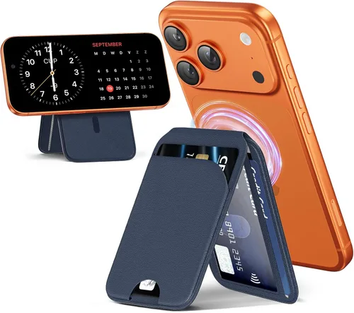 Vista 9 de Cartera Mag-Safe magnética para teléfono Cartera magnética ligera para teléfono con soporte ajustable de cuero con soporte para tarjetas Mag-Safe