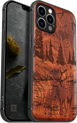 Vista 10 de Carveit Funda magnética de madera para iPhone 12 Pro, madera natural y TPU suave negro, funda protectora a prueba de golpes, elegante funda