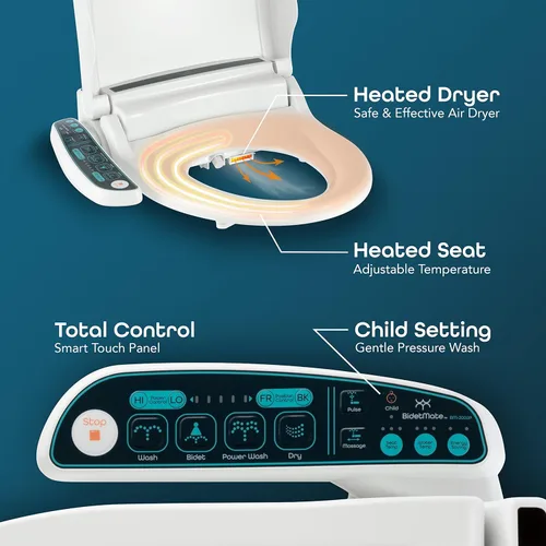 Vista 3 de BidetMate Asiento de inodoro eléctrico de bidé serie 2000 con agua calentada ilimitada, controles laterales, desodorizante, secadora de aire