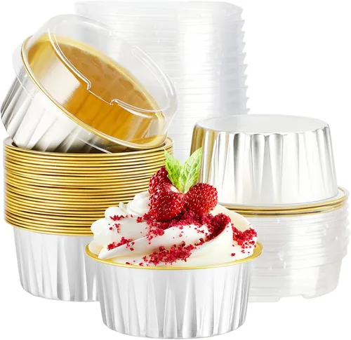 Vista 13 de EUSOAR Moldes desechables de papel de aluminio con tapas, 30 piezas de 5 onzas (4.2 fl oz) de papel de aluminio para magdalenas, tazas para hornear