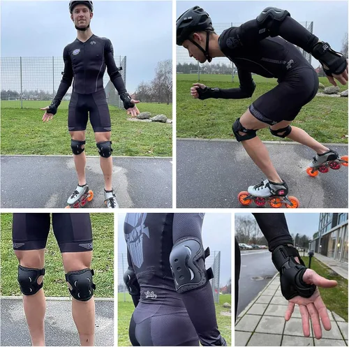 Vista 5 de Rodilleras para niños/jóvenes/adultos, coderas con protectores de muñeca, conjunto de equipo de protección de 6 piezas para patinaje sobre ruedas