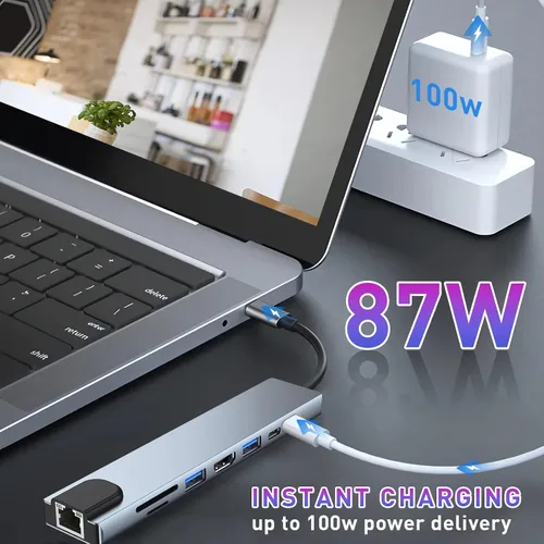 Vista 3 de Hub USB C, adaptador USB C 8 en 1 con HDMI 4K, 100 W PD, puerto USB C, USB 3.0, RJ45 Ethernet, lector de tarjetas SD/TF, estación de acoplamiento
