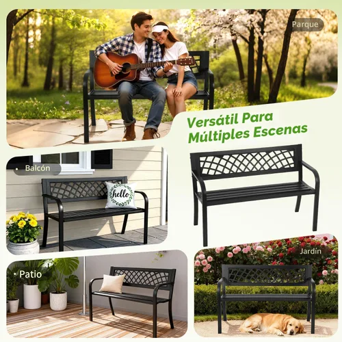 Vista 7 de Banco de jardín, bancos al aire libre, banco de patio con marco de acero de hierro con patrón de malla y reposabrazos de respaldo de plástico