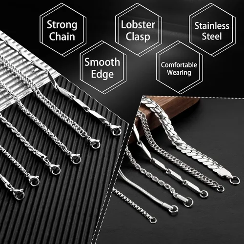 Vista 3 de stino 78PCs Stainless Steel Chain Necklace Set for Men Women, Silver Tone Necklace Chains Bulk, Figaro Chain, Snake Chain, Cuban Link Chain, Rope