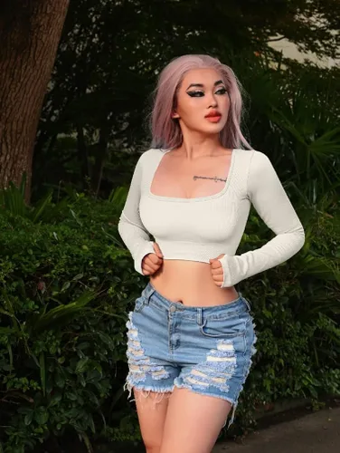 Vista 3 de OQQ Camiseta corta de 2 piezas para mujer, acanalada, sin costuras, para entrenamiento, ejercicio, manga larga