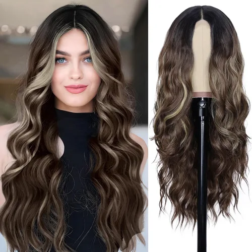Vista 21 de NAYOO Pelucas marrones con flequillo para mujer, pelucas de cabello largo y ondulado, resistentes al calor, pelucas de fibra sintética para uso