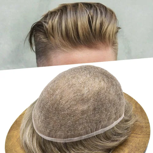 Vista 12 de Toupee - Sistema de reemplazo de piezas de cabello humano real, encaje suizo suave frontal para hombre, nudo blanqueado, línea capilar natural