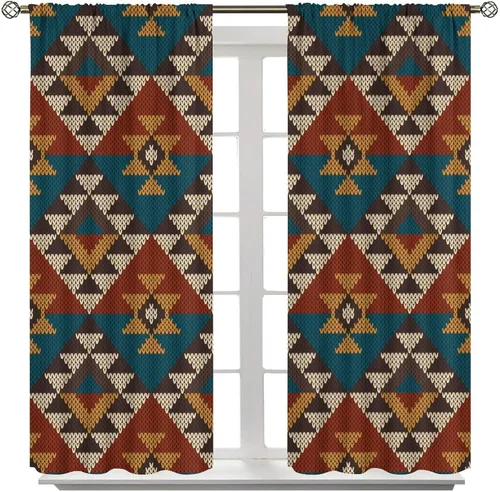 Vista 114 de Cortinas con patrón geométrico tribal, estilo suroeste, azteca, rústico, occidental, nativo americano, opacas, con bolsillo para barra, decoración
