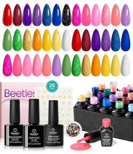 Vista 8 de Beetles - Juego de esmaltes de uñas de gel, 20 colores, rosa, blanco, negro, amarillo, rojo, con brillantina, UV, LED, kit de esmalte de gel